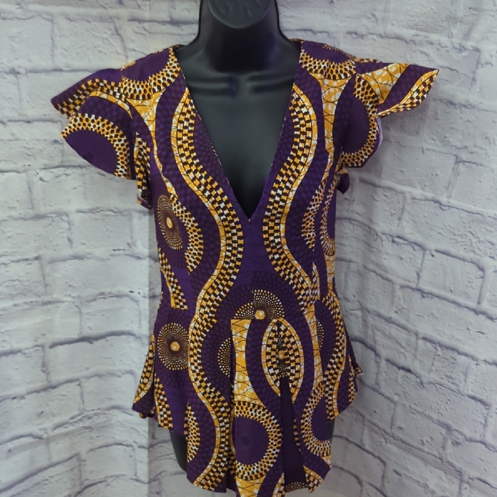 Elegant Women's African print Peplum Top in Purple and Gold